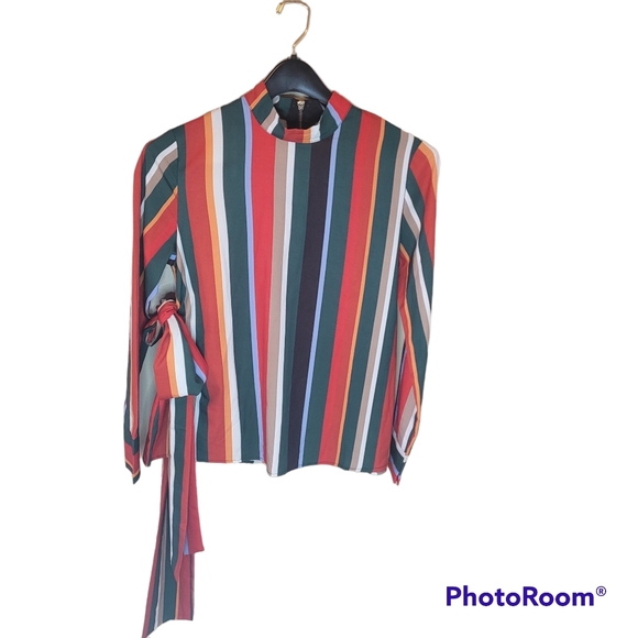 Muriell's Closet Tops - Muriell's Closet blue, red, green, gold, and white striped blouse. Size …
